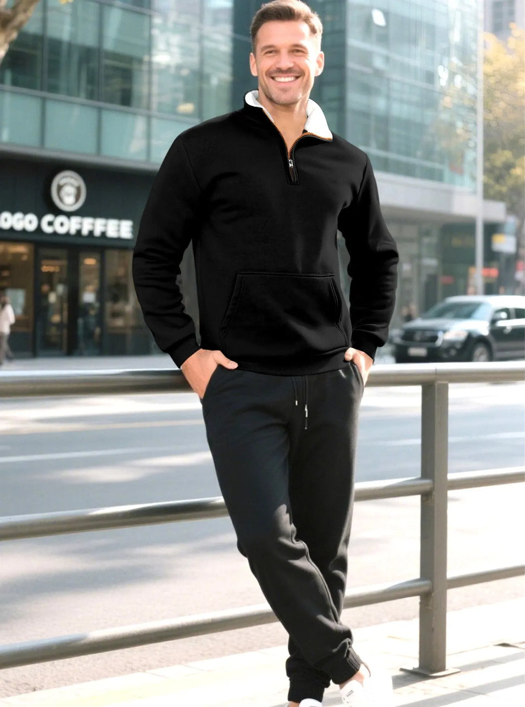 Men's colour-block zip knit sweater, short sleeve polyester fleece pullover, casual spring top