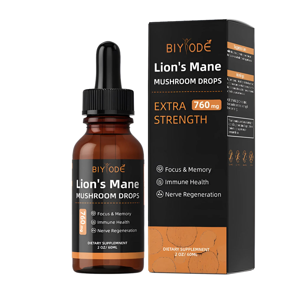 Organic liquid lions mane mushroom extract drop supplement in a glass bottle with dropper