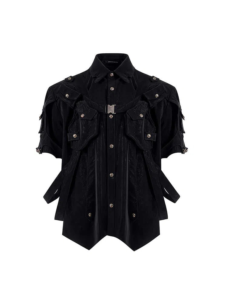 Men's black short sleeve bandage jacket with loose fit, lapel neckline, single-breasted placket, sizes S to XL.