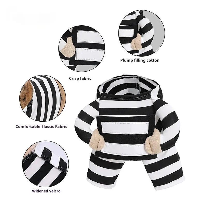 Striped black and white dog Halloween pet costume in polyester, available in sizes S M L XL