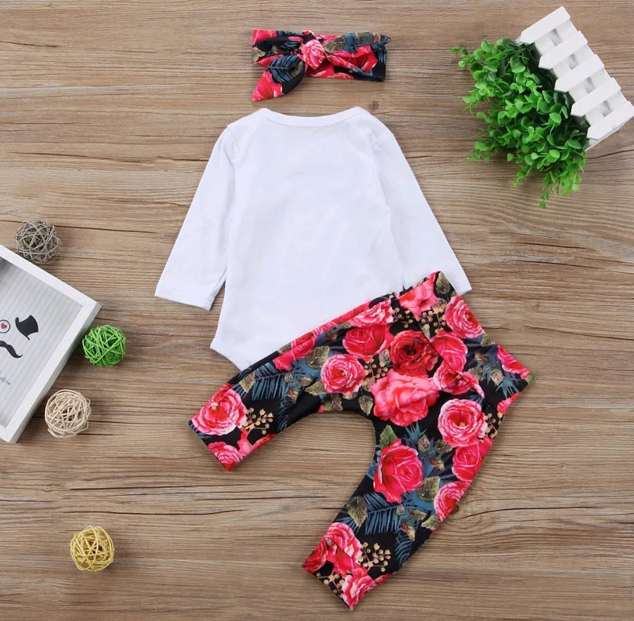 Girls autumn three-piece clothing set with long-sleeved top, bottoms, and hair band in Flower or White, sizes 70cm to 100cm