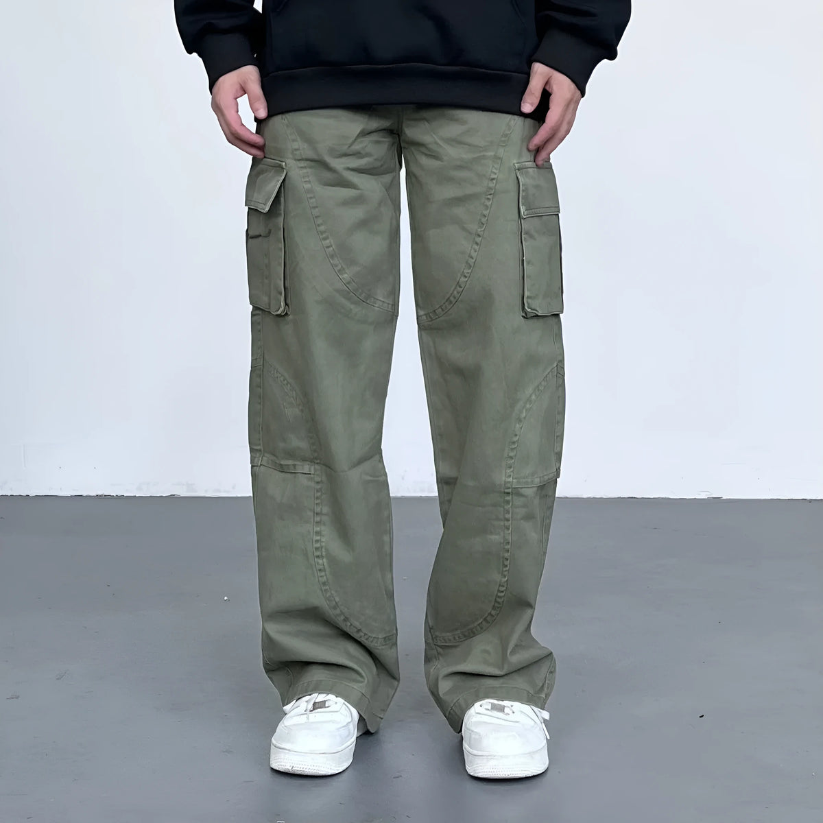 Autumn winter washed worn loose straight-leg overalls in black with pocket decoration
