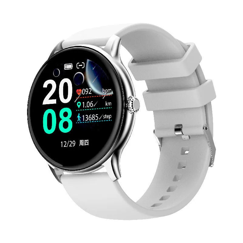 Black Bluetooth smartwatch with a 1.28-inch screen on a silicone wristband, showing health monitoring data.