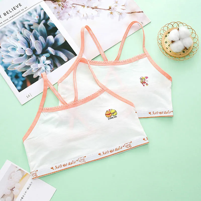 Girls cotton sports bra vest, stretch cotton knitted print, white pink orange green, sizes free and L