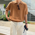 Men's caramel coloured retro knitted polo shirt with short sleeves and asymmetric design detail