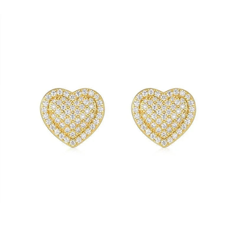 Golden heart-shaped moissanite stud earrings on a 925 sterling silver post.
