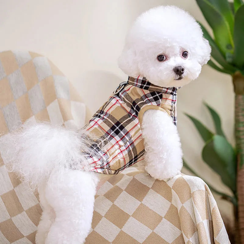 Winter dog jacket in heavy cotton quilted gourd fabric with plaid pattern and reflective webbing