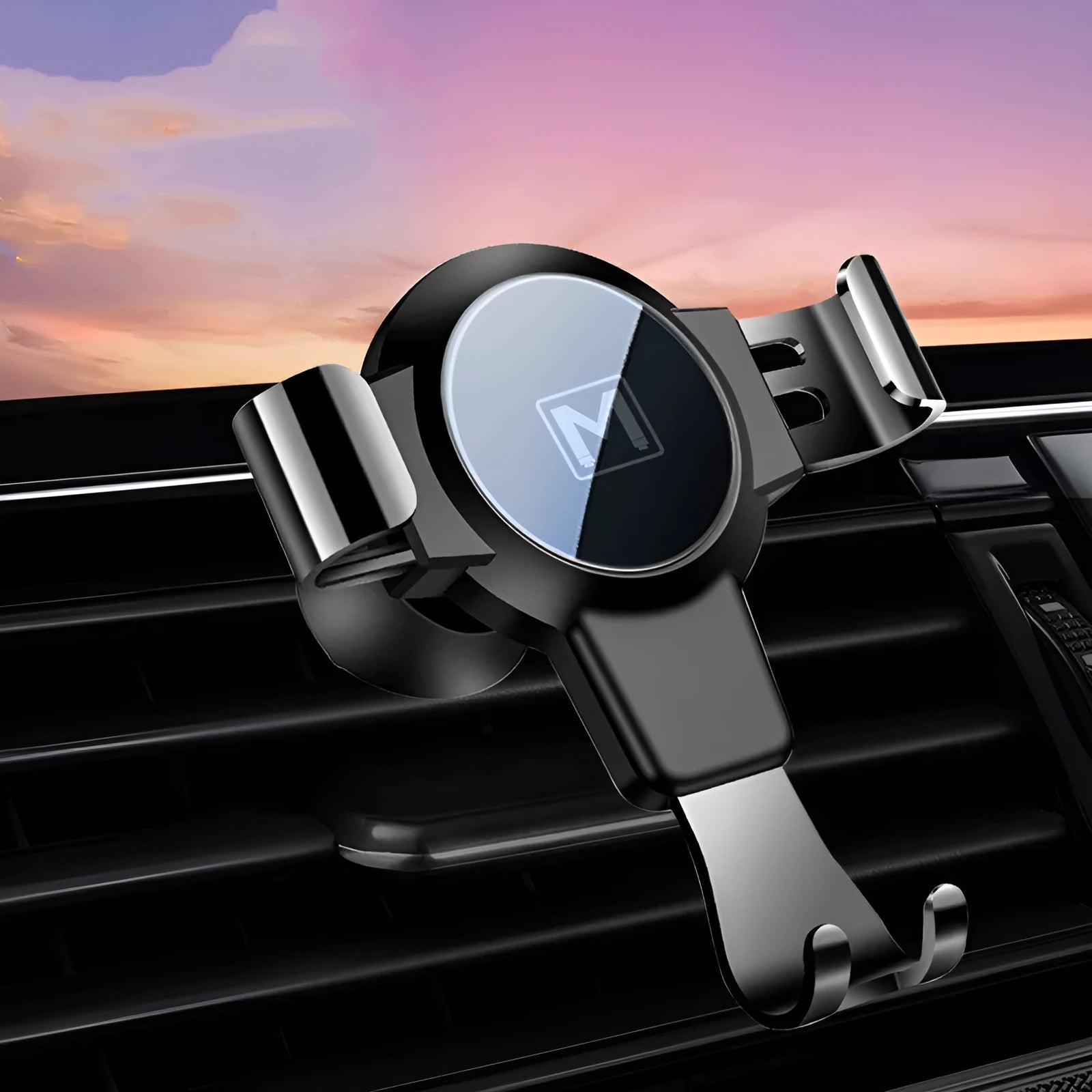 Black S4 gravity mirror ABS car phone mount attached to vehicle air conditioning vent holding smartphone