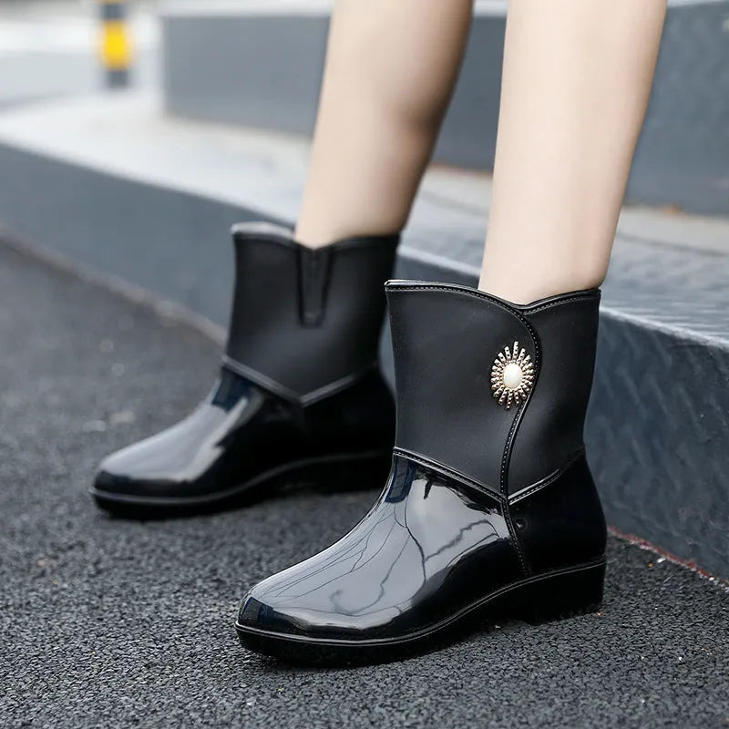 Women's mid-calf rain boot in beige colour with a non-slip sole