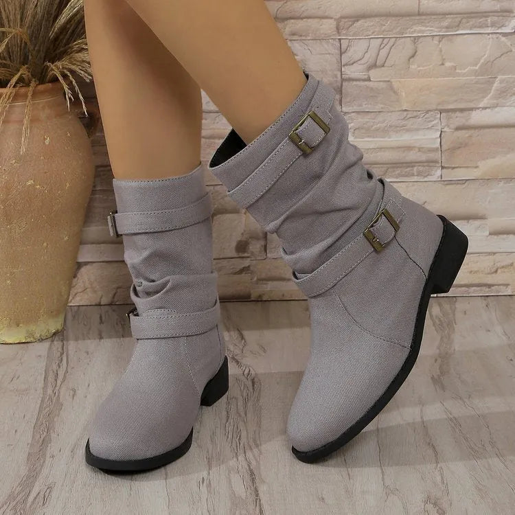 Women's denim leather boots with square heel, round toe, mid heel 3-5cm, high cylinder, artificial PU upper, rubber sole