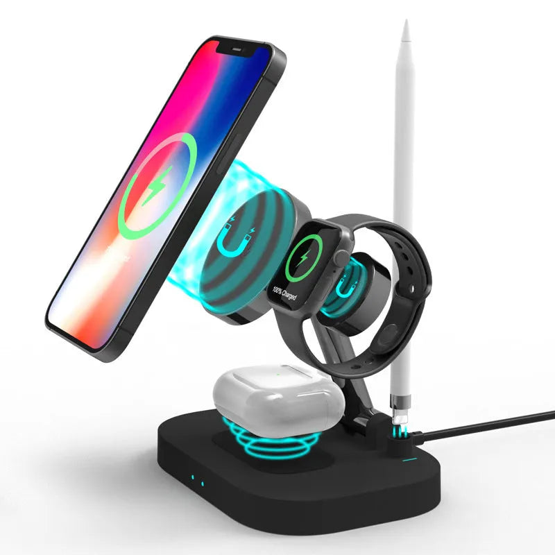 Folding wireless charger in black plastic with Type-C cable, set on a desk