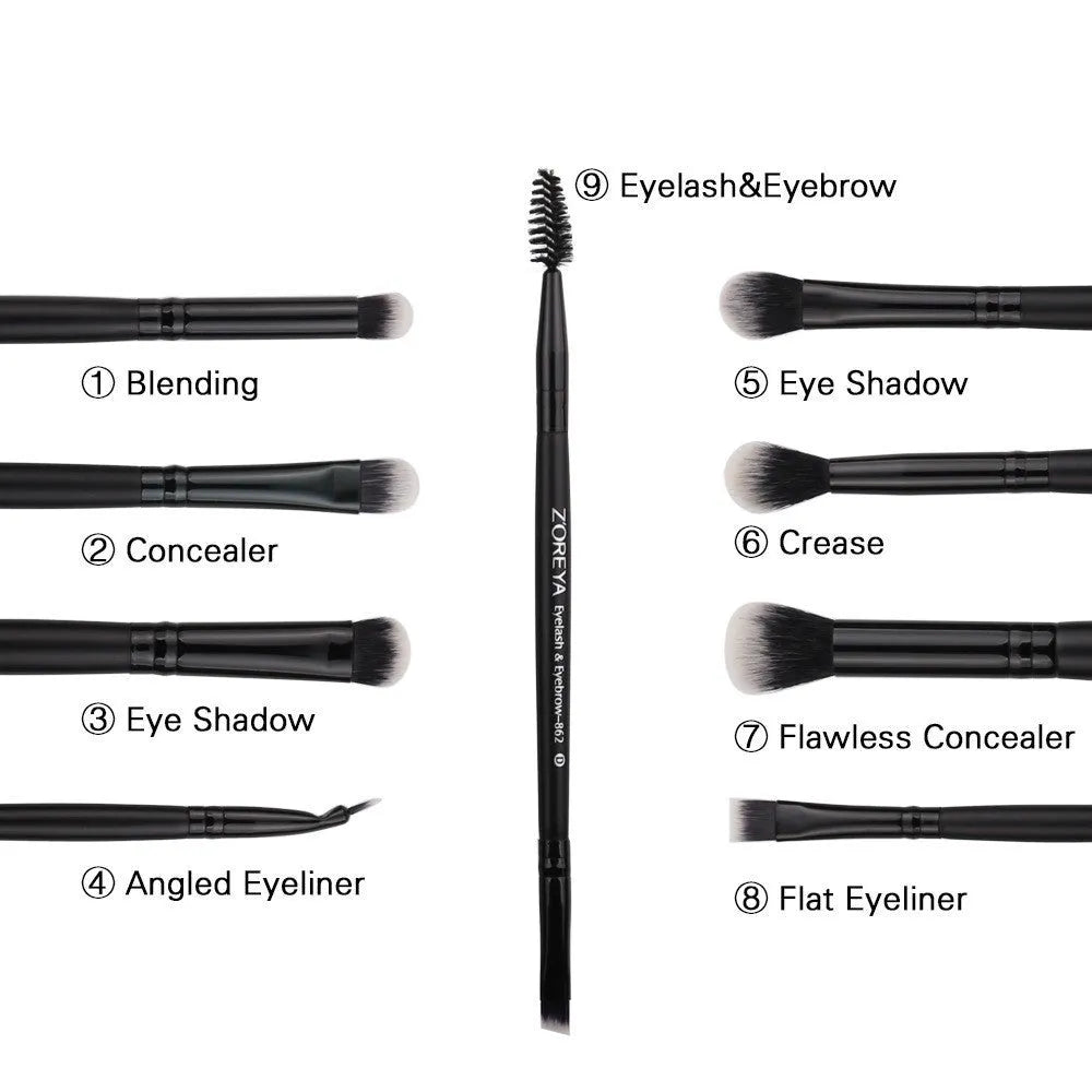ZOREYA15 black synthetic hair makeup brush set laid out on a flat surface