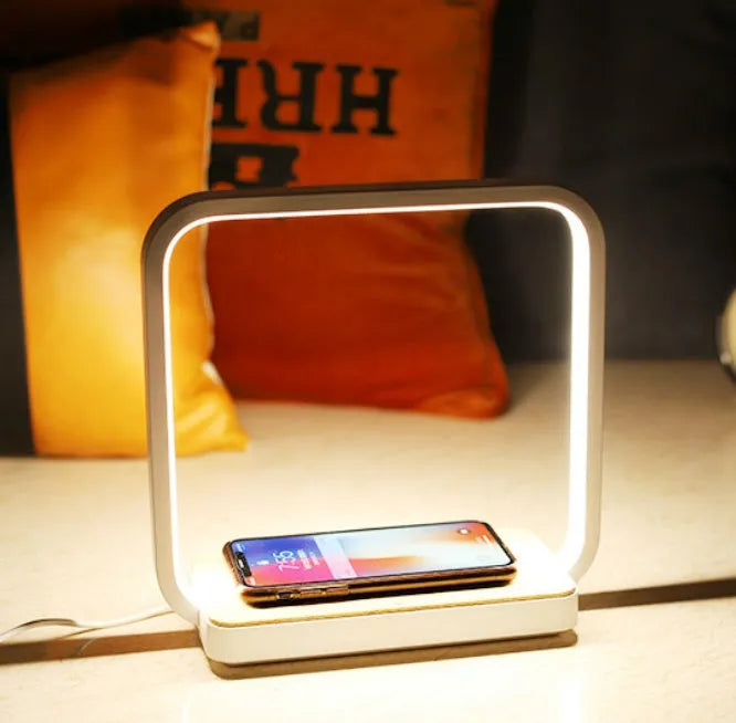 White intelligent induction lamp with LED light, touch switch, plastic lampshade, Apple compatible, interface options.