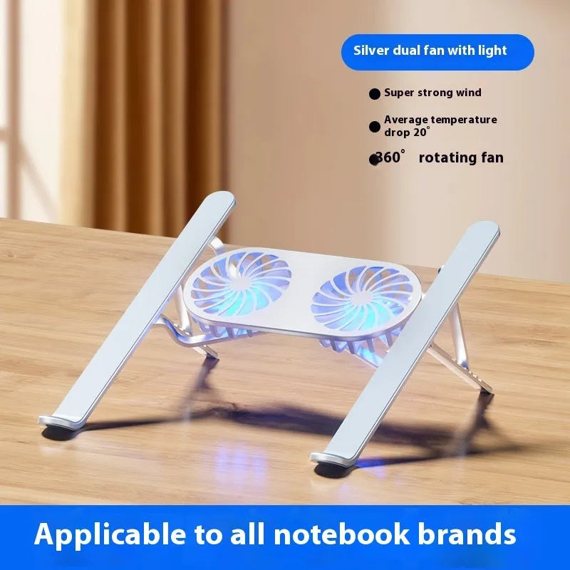 Silver aluminium laptop cooling stand with twin fans folded, next to its cloth storage bag and USB cable.