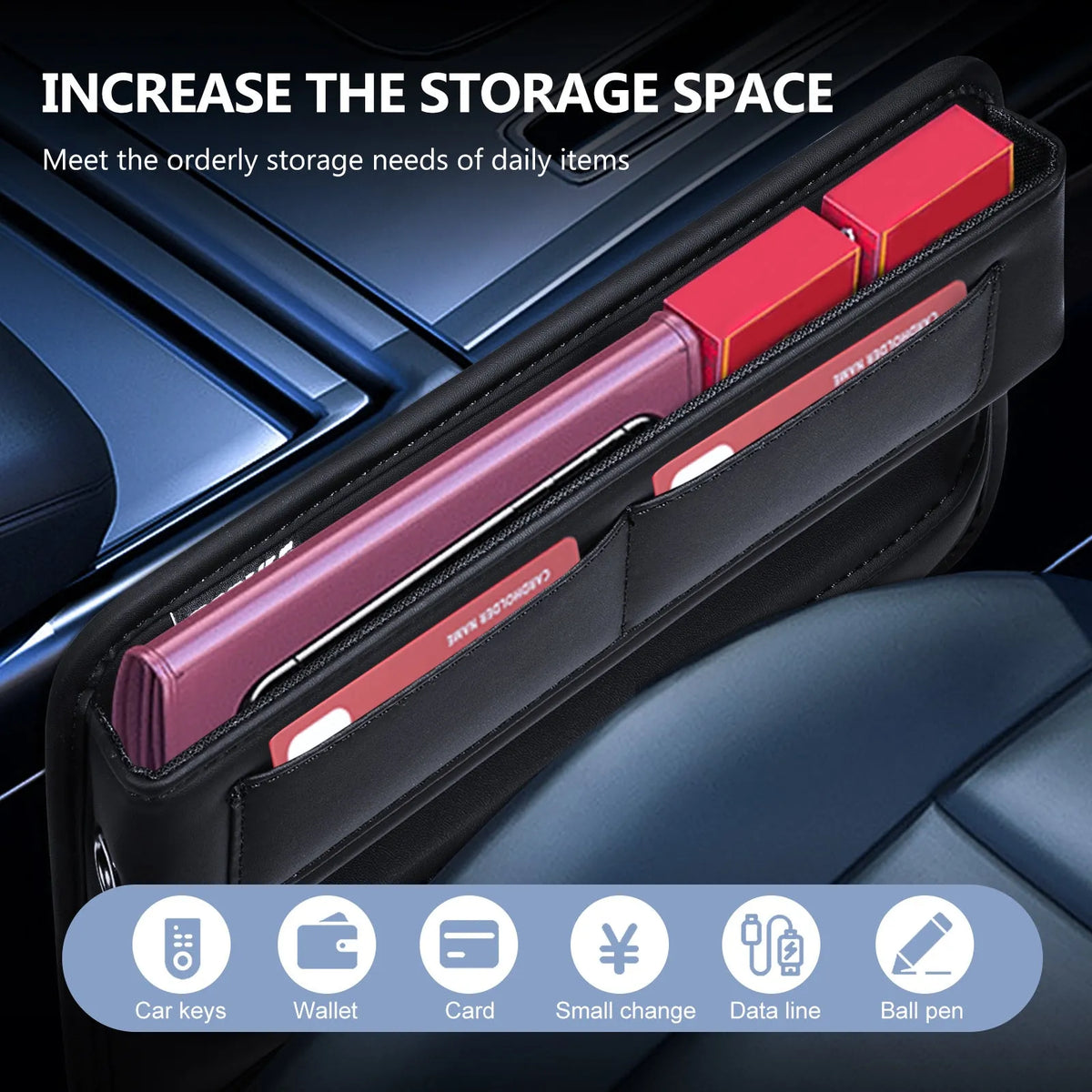 Black PU leather car seat gap storage box with sponge filling, filling seat gap, cable hole for charging, universal fit.