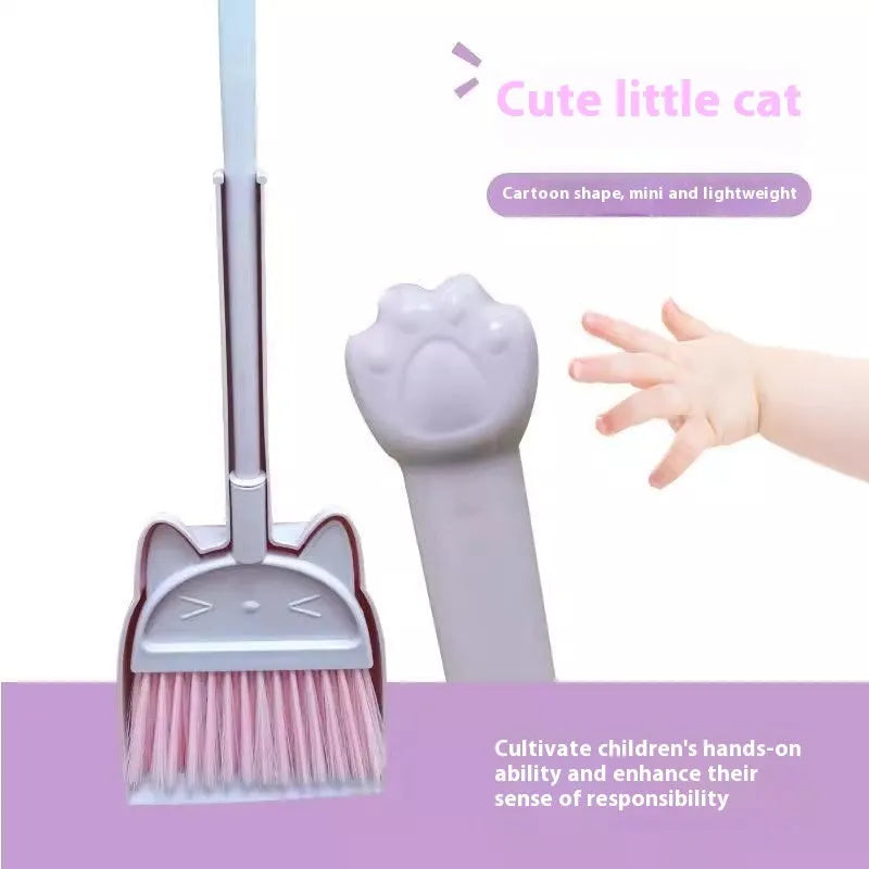 Purple, green, or beige plastic broom and dustpan set with non-stick rotating head and brush holder
