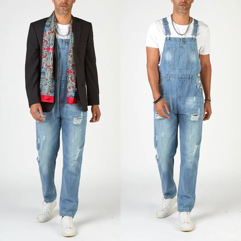 Men's light blue ripped suspender trousers with button-fastened straight legs and high-waist design