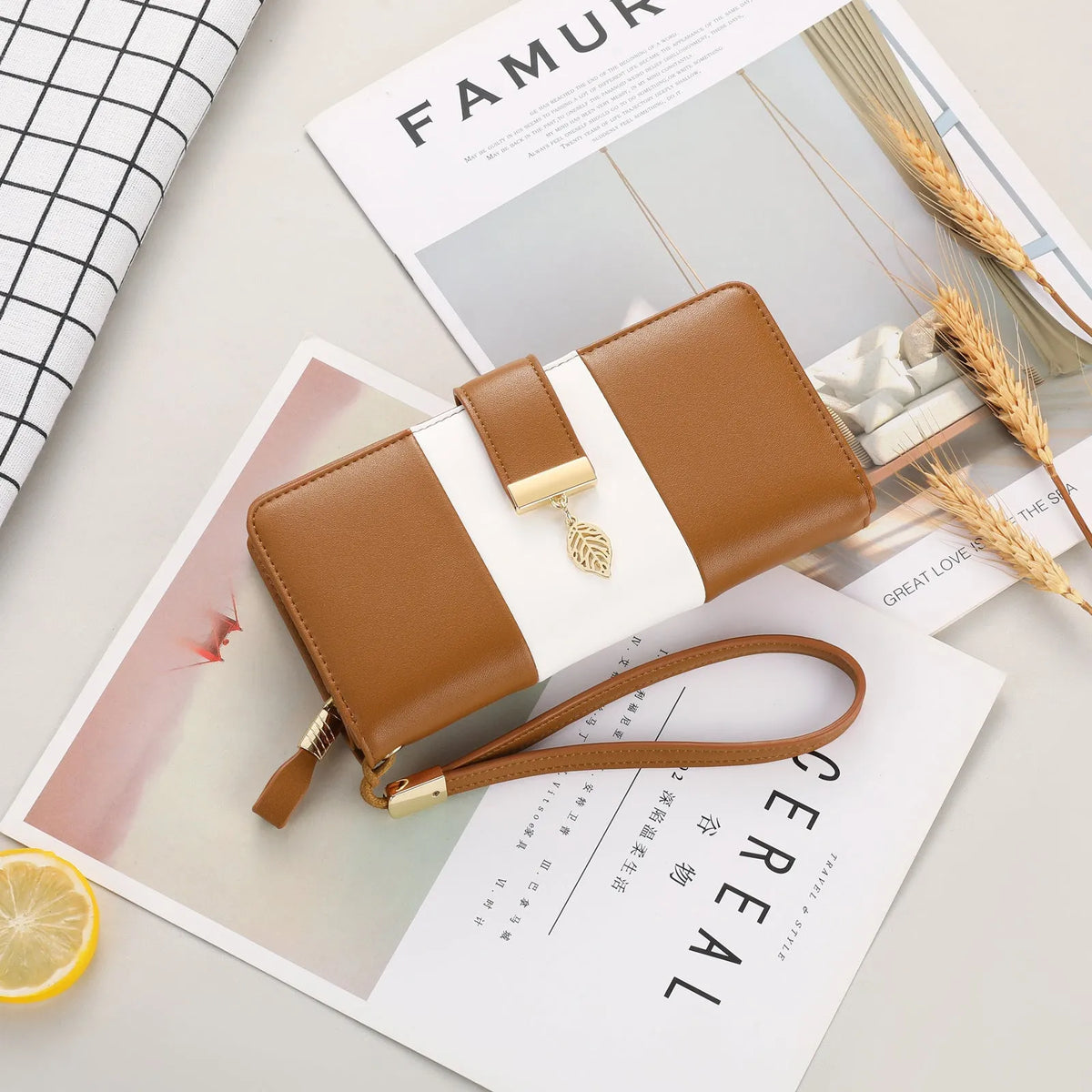 Anti theft brush clutch bag in PU leather with lock closure and microfiber lining