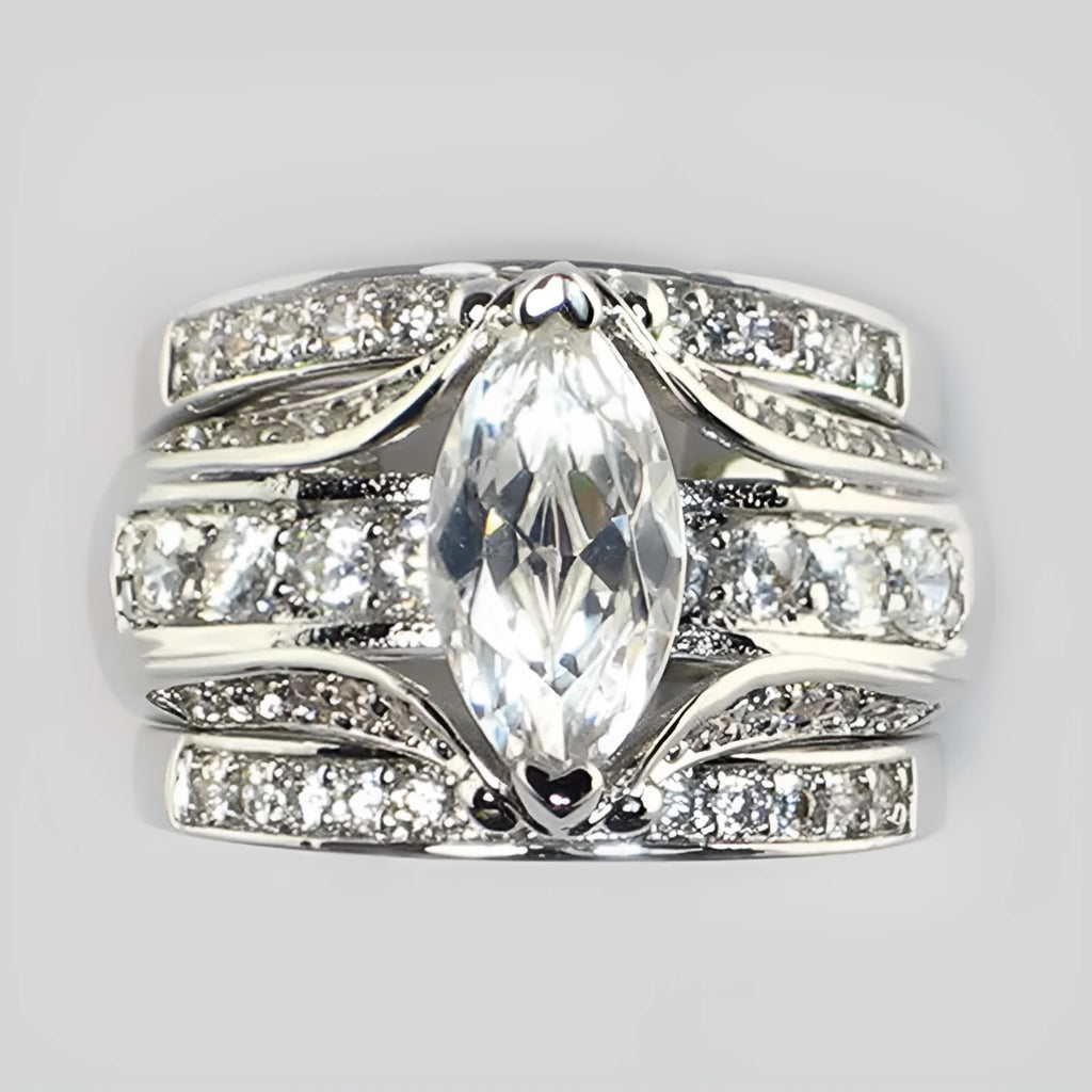 Zircon inlaid ring for women in white gold colour, geometric round design, sizes No.6 to No.10