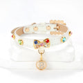 White PU cat collar with diamond alloy bow, 1.5cm wide, available in XS 26cm to L 38cm