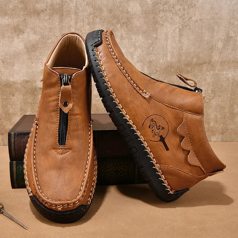 Men's slip-on leather loafers in black, brown and grey colours with round toe and rubber sole