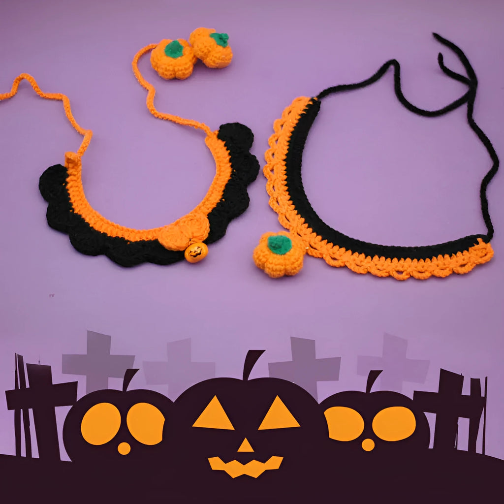 Hand crocheted wool pet collar in pumpkin colours with adjustable sizing for Halloween photography