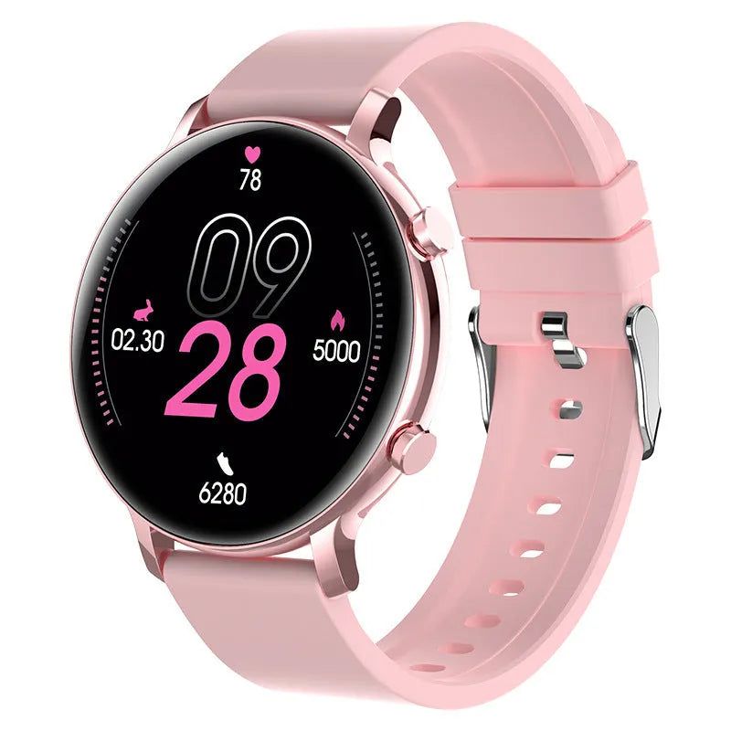 Black business smartwatch with stainless steel strap on a wrist, showing call and health tracking screen.