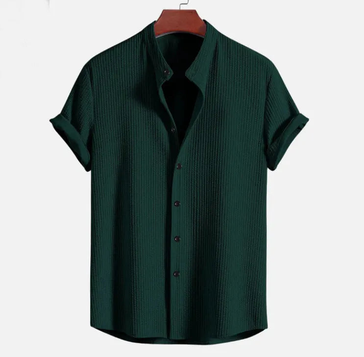 Men's loose-fitting short sleeve casual shirt in light blue polyester fabric.
