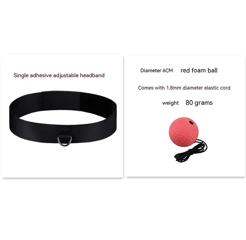 Head-mounted boxing reaction training ball set with adjustable headbands and multiple coloured balls on a white background.