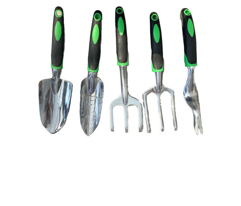 9-piece aluminium alloy garden tool set with silicone two-colour handles in green for horticulture and seedling cultivation