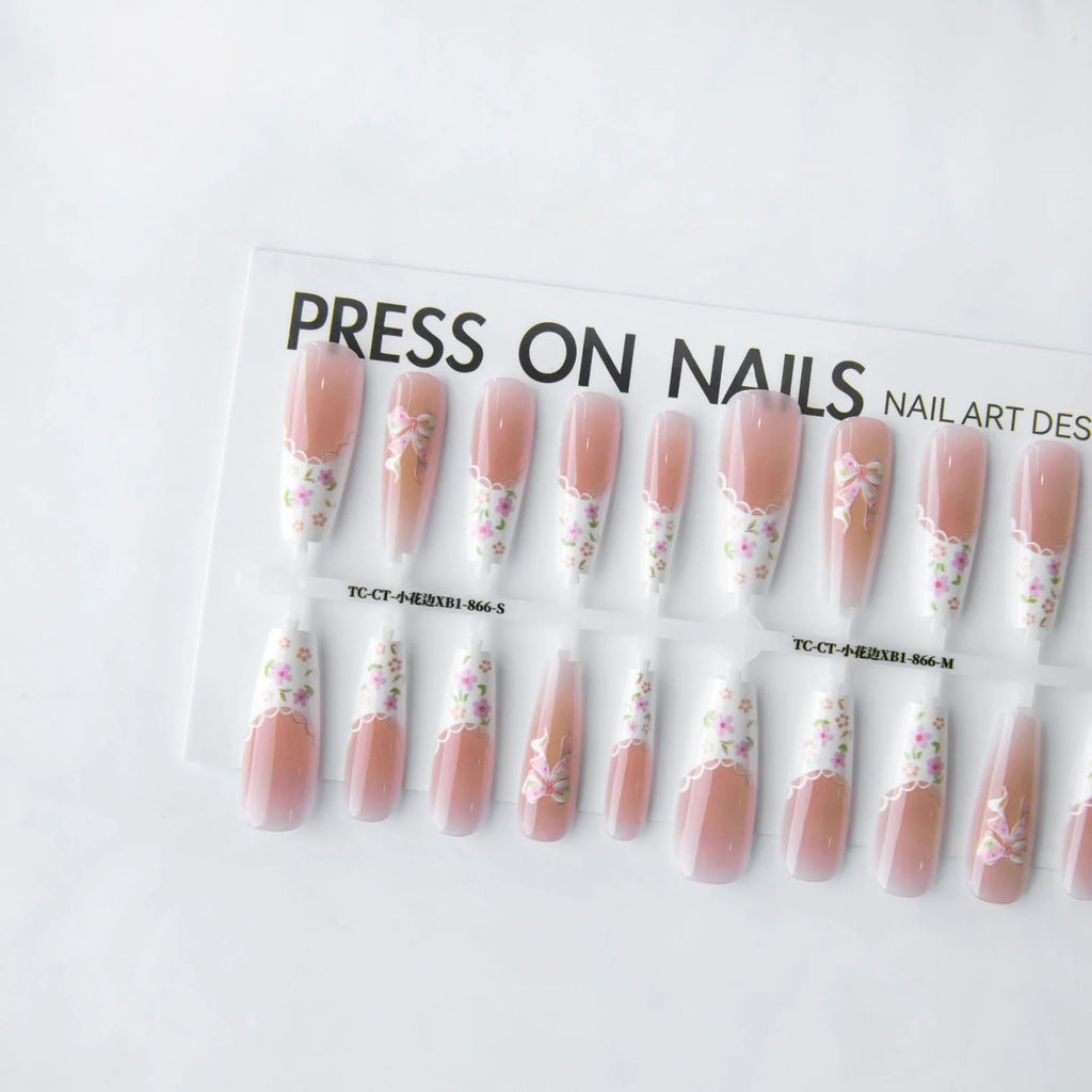 Small floral prefabricated nail tips with long ladder velvet seal layer in white small lace pattern XB1-866
