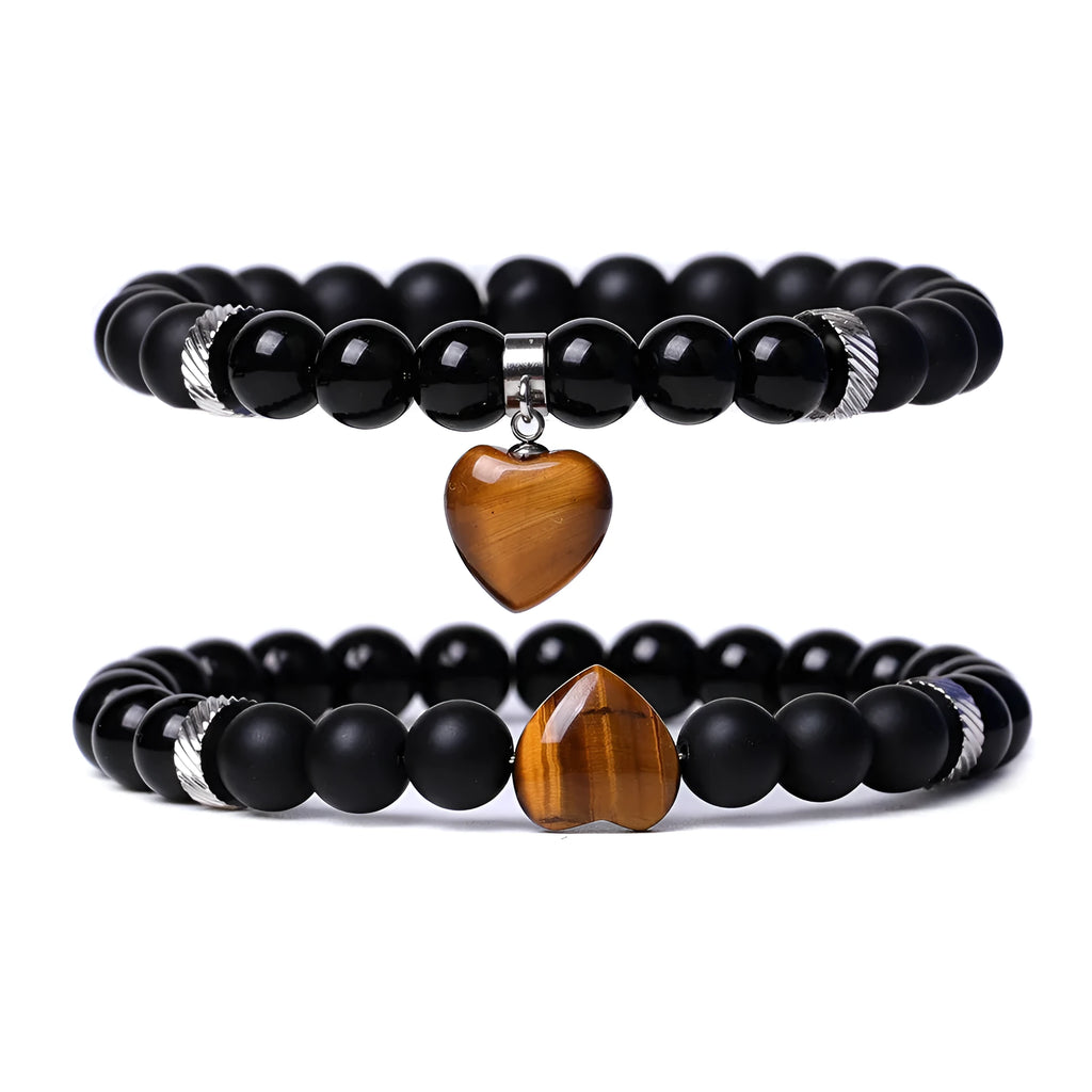 Matching natural stone couple bracelets with heart-shaped charms in multiple stone type options