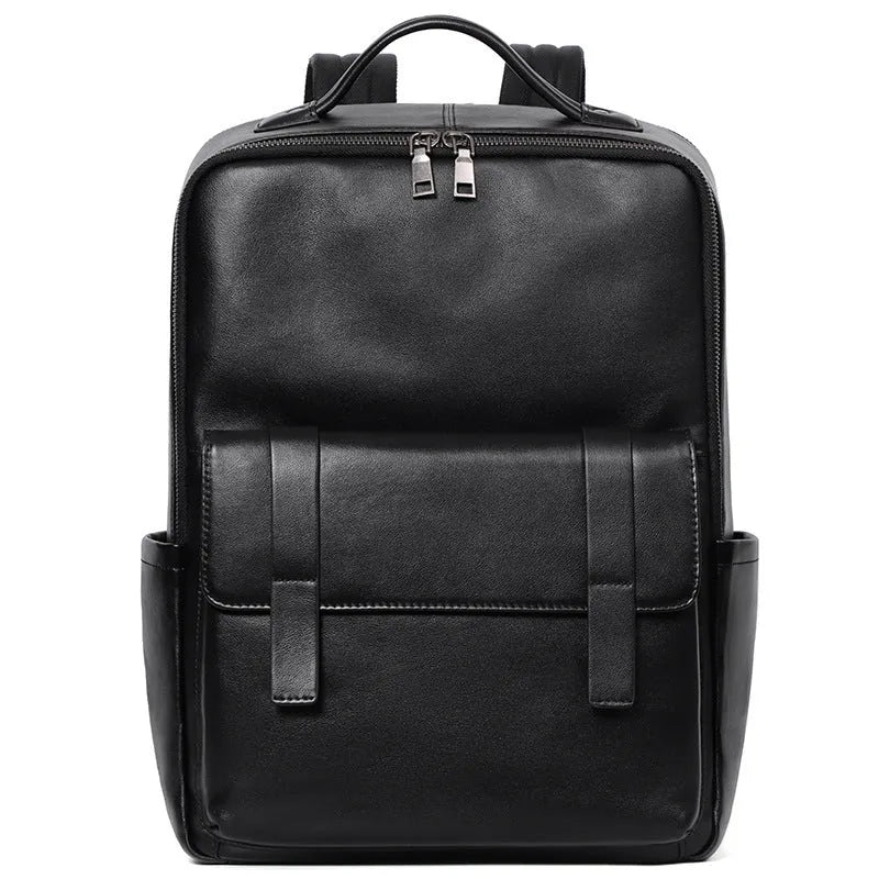 Men's black genuine leather large capacity laptop backpack with weave details.