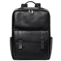 Men's black genuine leather large capacity laptop backpack with weave details.
