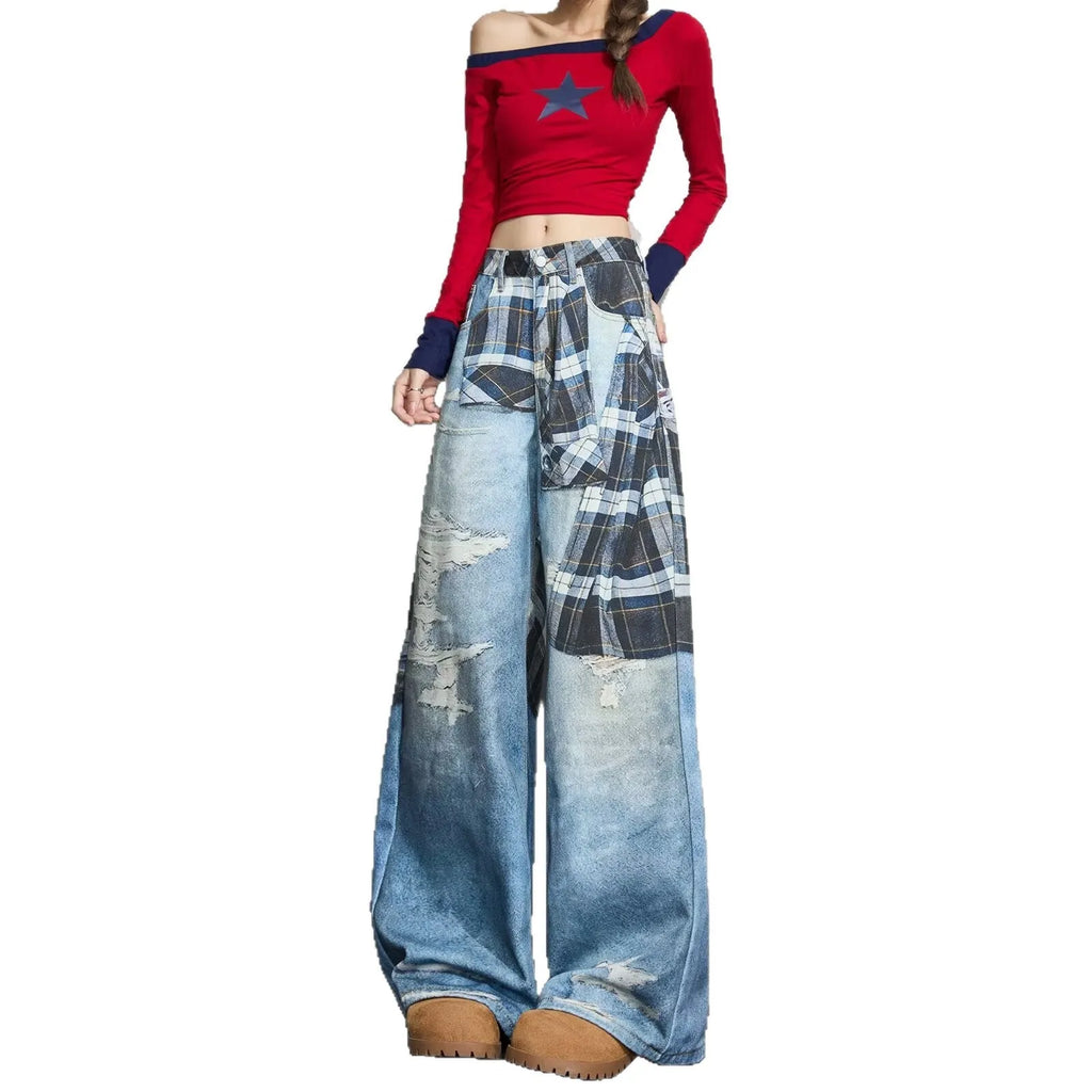 Blue patterned wide-leg cotton casual pants with mid-rise waist, loose straight cut, sizes XS to 3XL