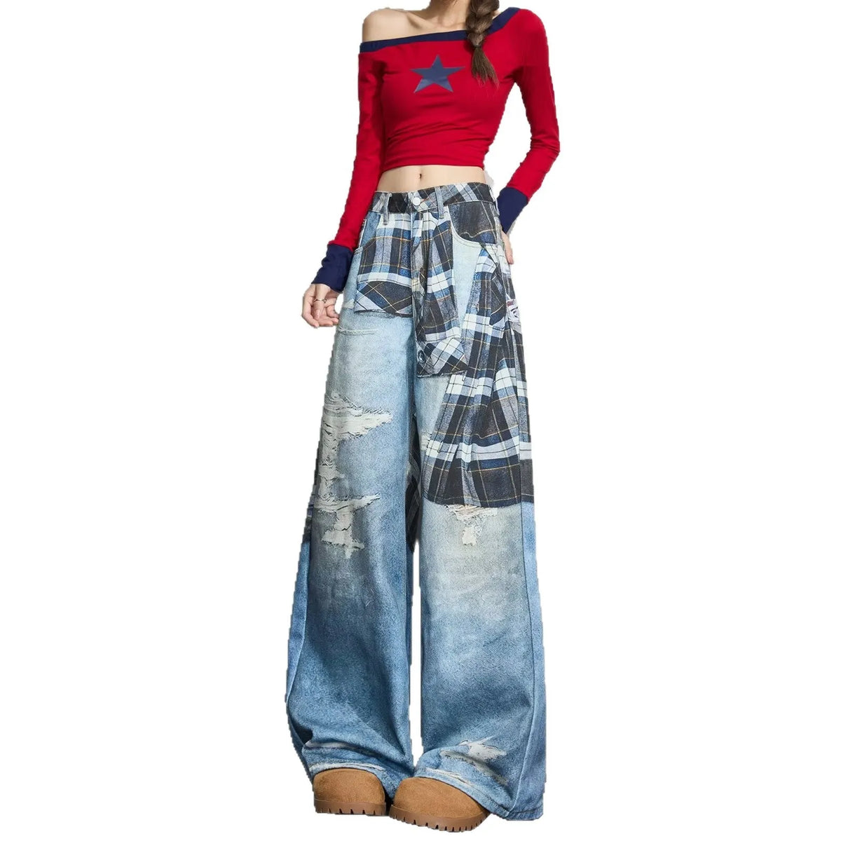 Blue patterned wide-leg cotton casual pants with mid-rise waist, loose straight cut, sizes XS to 3XL