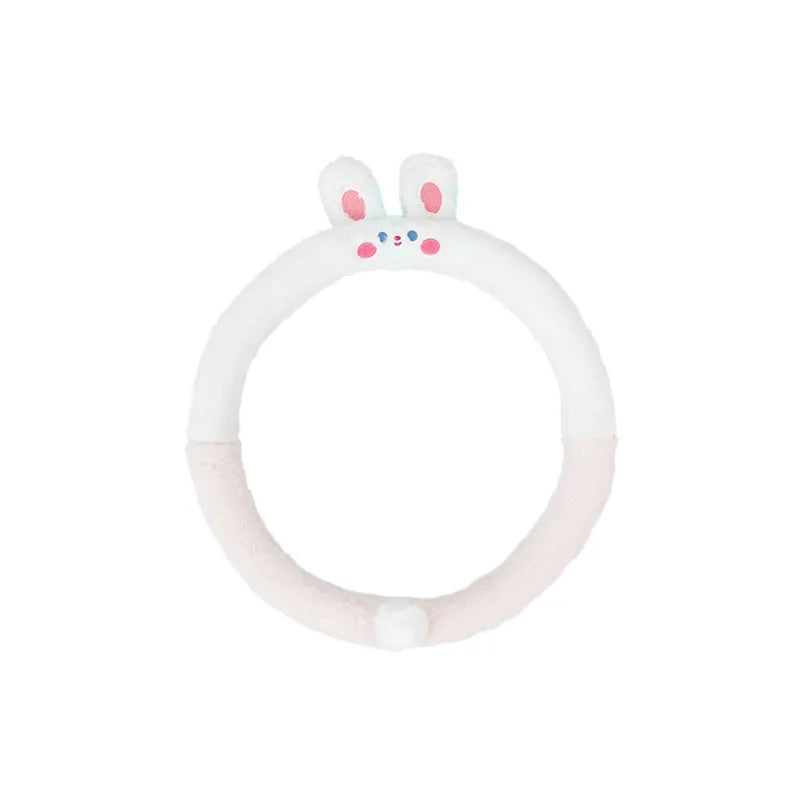 Plush thermal car steering wheel cover with rabbit fur embroidered animal design, 38cm diameter