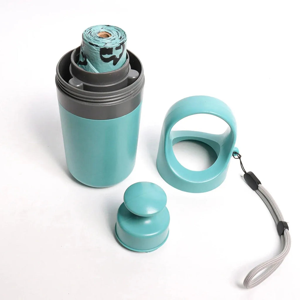 Blue outdoor claw pooper scooper for pet waste with integrated bag dispenser.