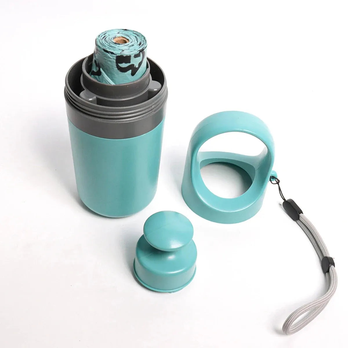 Blue outdoor claw pooper scooper for pet waste with integrated bag dispenser.