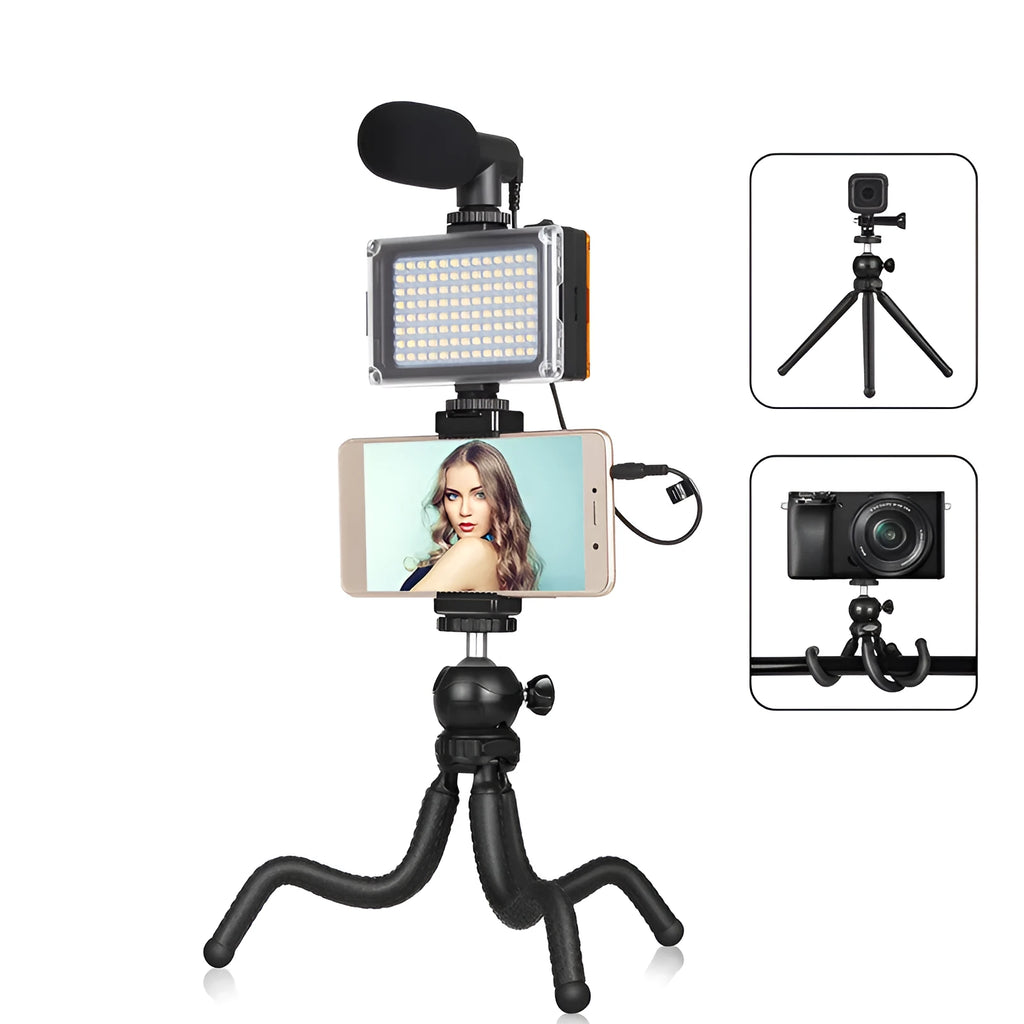 Black octopus tripod live broadcast kit with flexible legs, fill light, and microphone for iPhone.