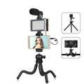 Black octopus tripod live broadcast kit with flexible legs, fill light, and microphone for iPhone.