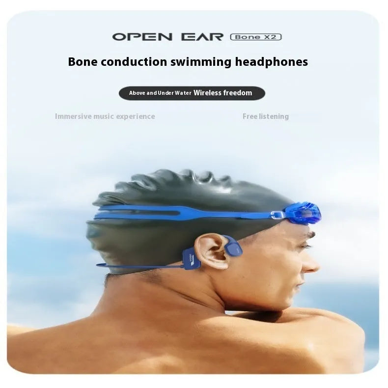 Bone conduction swimming Bluetooth headset with black ear-mounted design and 8GB onboard memory for waterproof audio