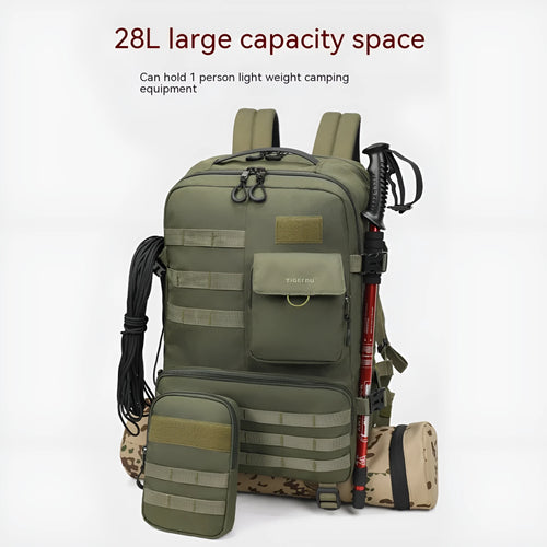 Army green 17-inch tactical nylon backpack with 20-35L capacity for outdoor use.