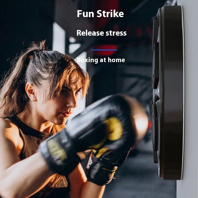Black leather and PP intelligent music boxing wall target with gloves for home training.