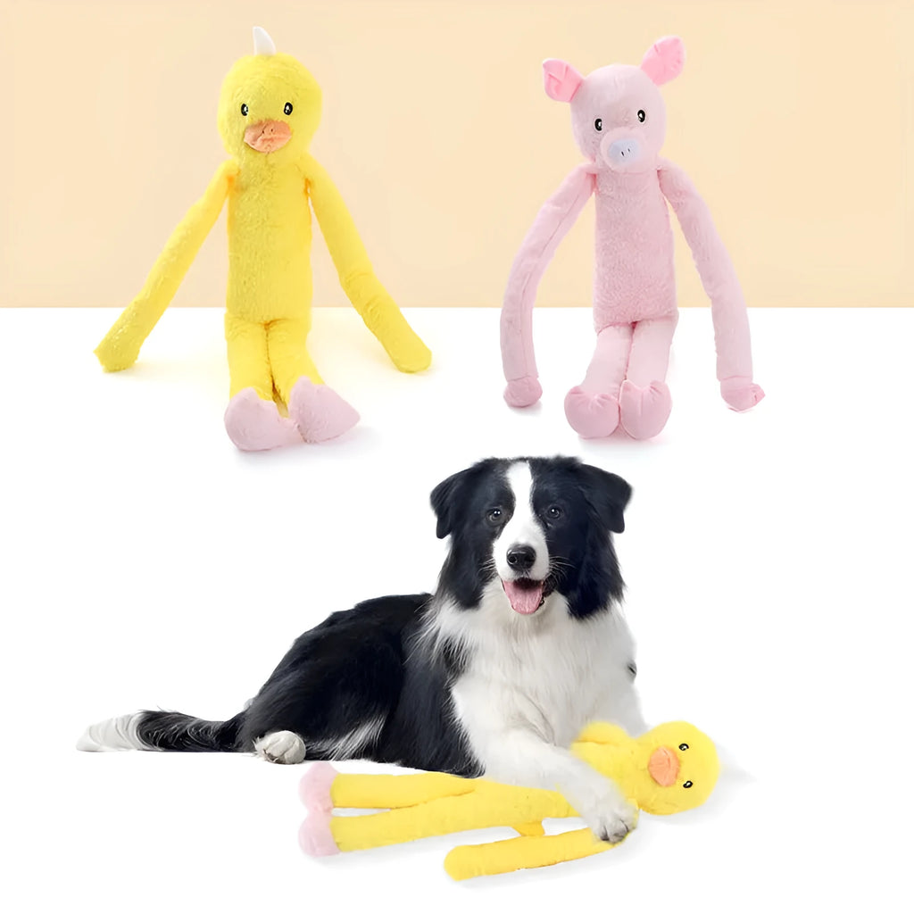 Plush dog toy with rattle paper sound feature in pink or yellow colour for large breed chewing