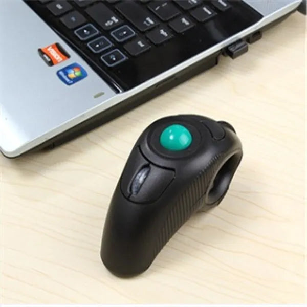 Y-10W black wireless trackball mouse with 6 buttons and 2.4GHz USB receiver on desk