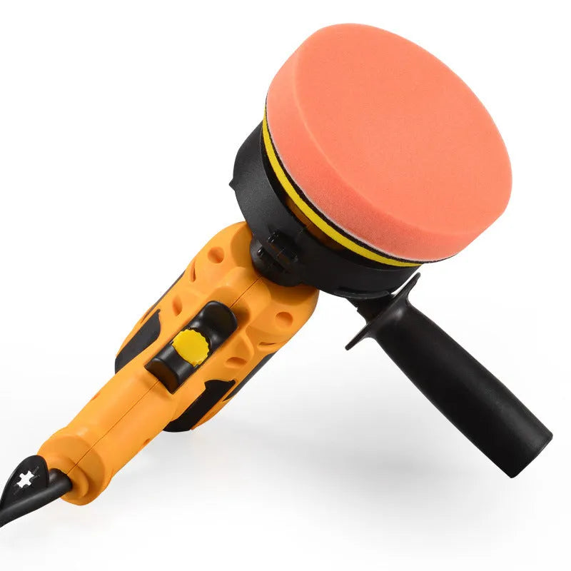 Yellow automotive polishing machine with 125mm disc for car, metal, wood and ceramic surfaces