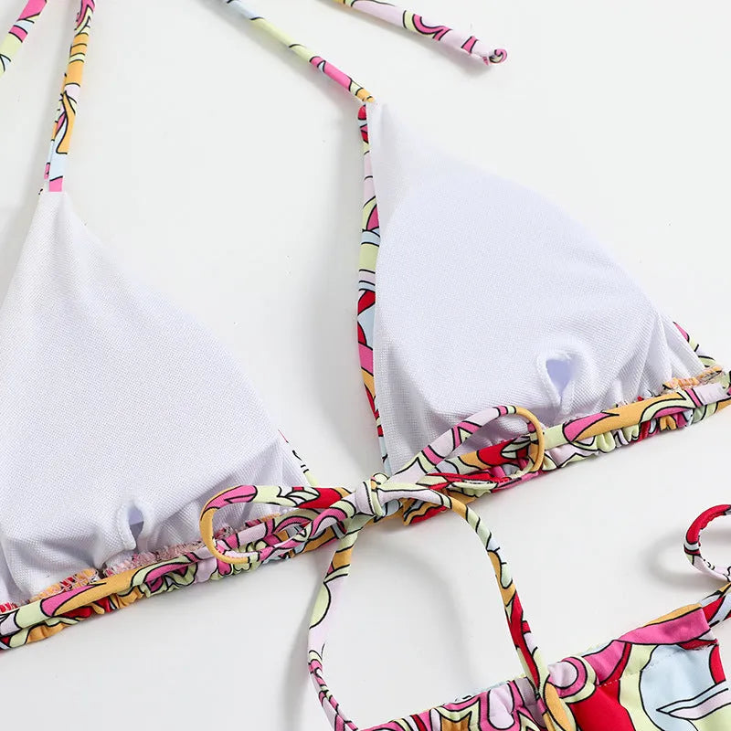 Women's triangle printed bikini with separate top and bottom system featuring hanging neck design