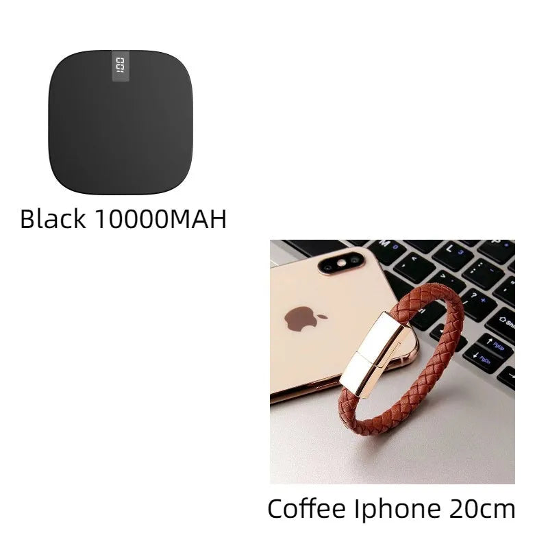 10000 mAh mini power bank with digital display in black, compact portable charger with two USB ports