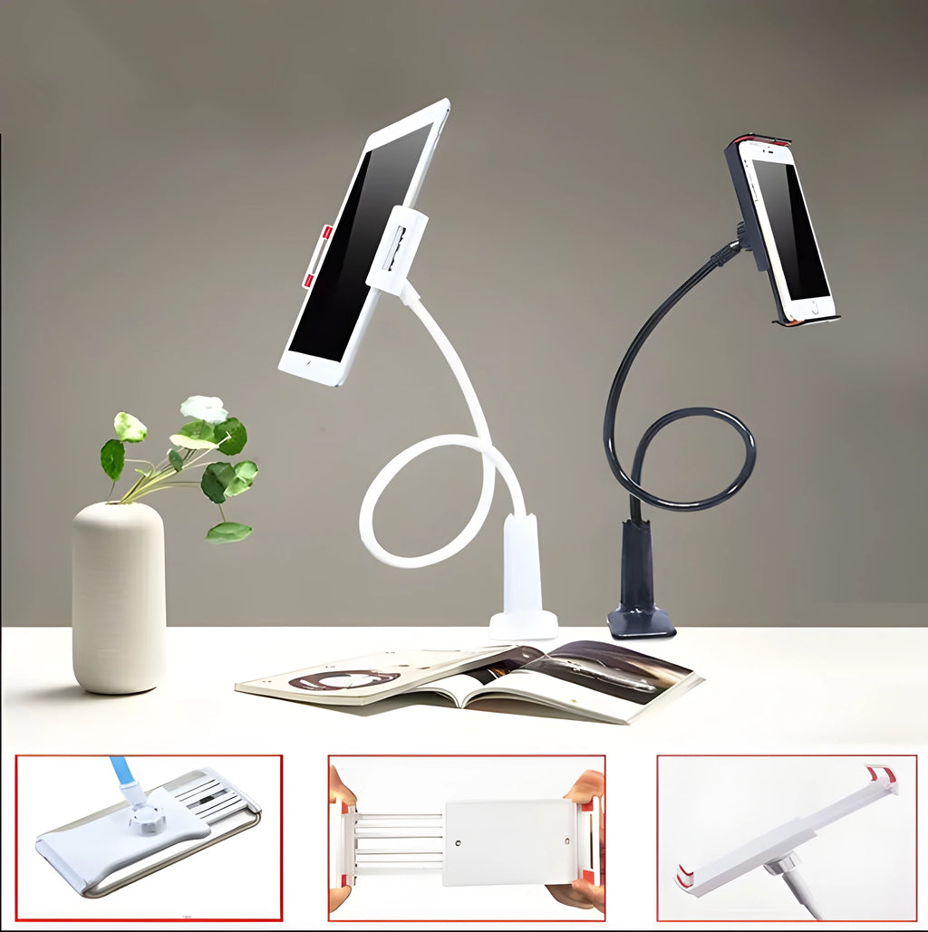 Black aluminium alloy and plastic bedside phone handset with long arm extended on a wooden table.